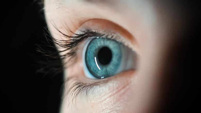 A close-up photo of a blue human eye against a dark background