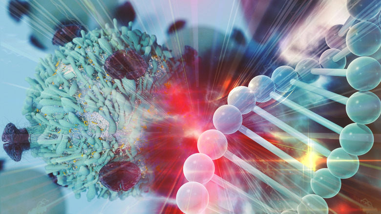 CGI rendering of cancer cell colliding with oversized DNA molecule