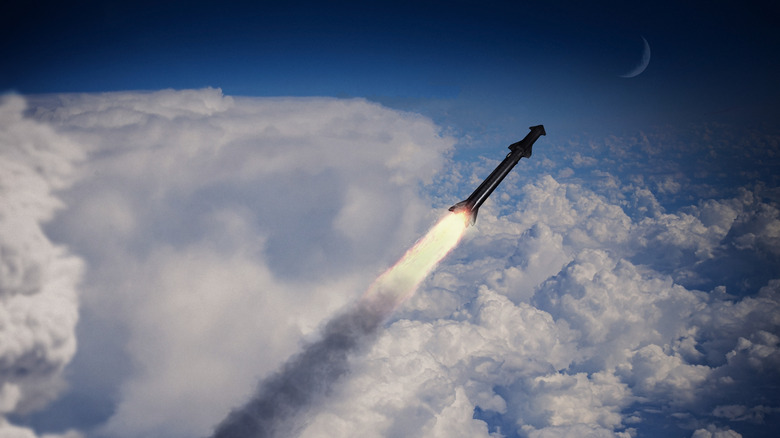 A rocket flying above clouds with crescent moon in background