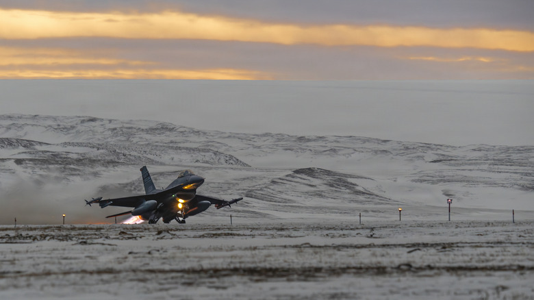 A fighter jet taking off from Pituffik Space Base in Greenland