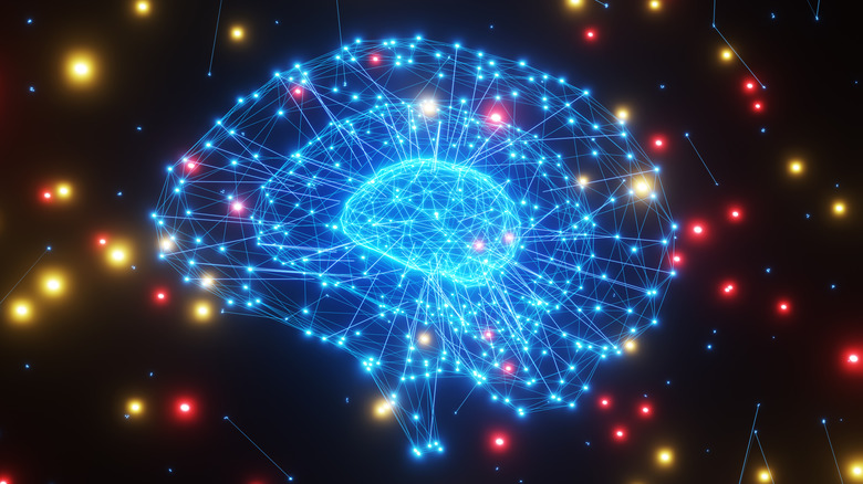 An illustration shows a network of mesh lines forming brains of different sizes in dark background with red and yellow glowing particles
