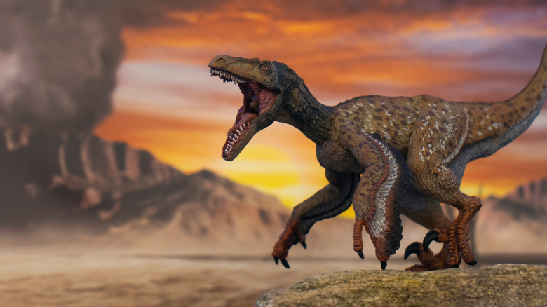 A feathered Velociraptor stands with its mouth open with a volcano in the background