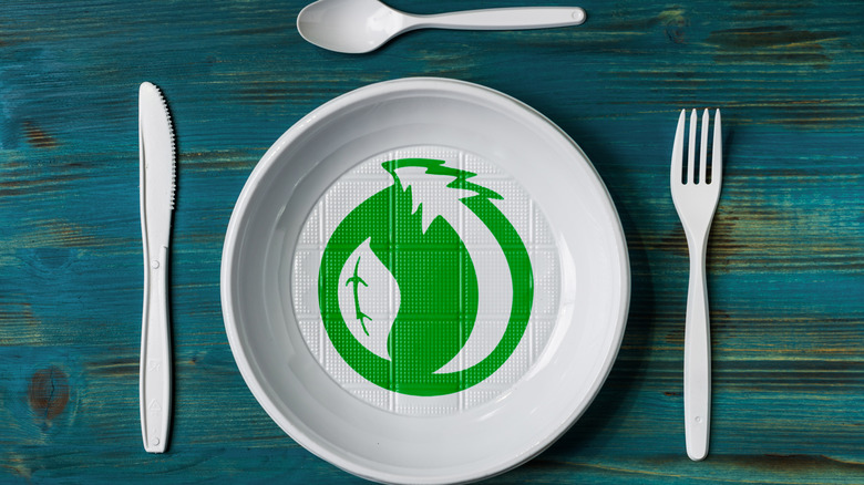 top view of a recyclable plastic dish with environmental green logo