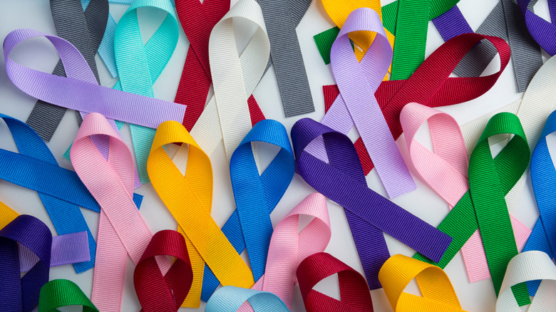 Various colors of ribbons to represent the different types of cancers