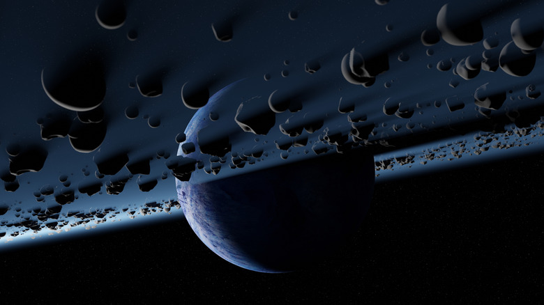 Planet surrounded by asteroids