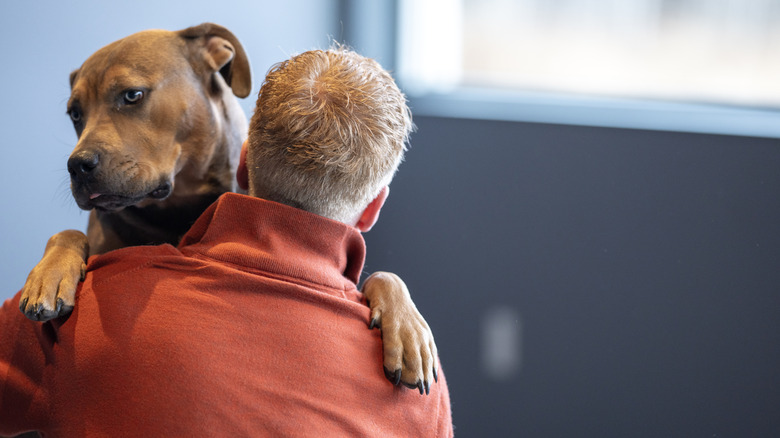 Man holding a large dog in his arms
