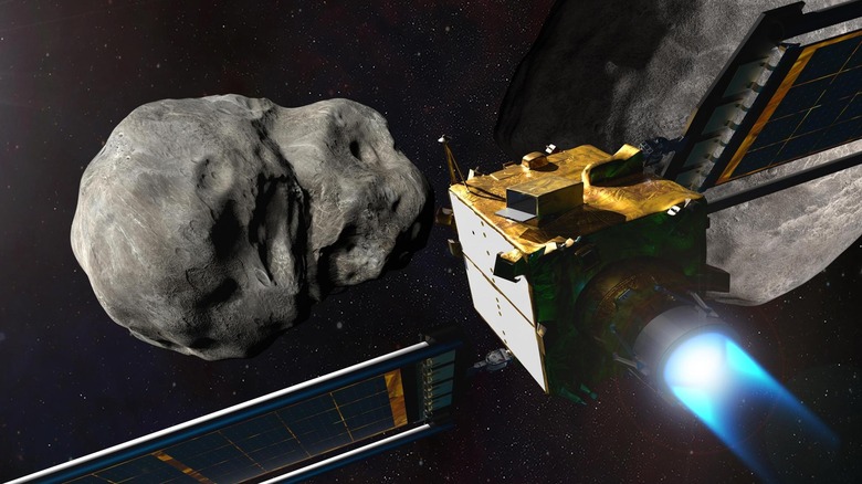 Artist's impression of NASA's DART spacecraft approaching an asteroid