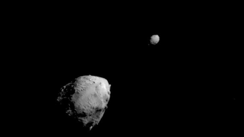 View of asteroids Dimorphos (right) and Didymos (left) from DART spacecraft shortly before impact.