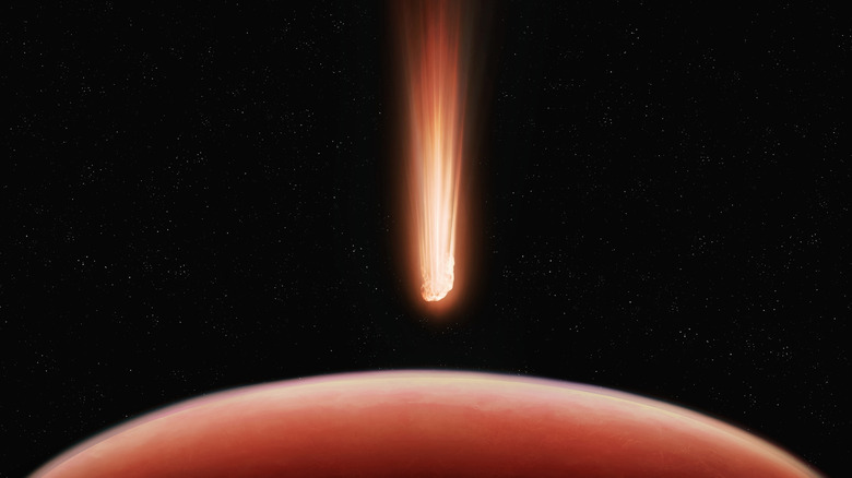 Illustrated front view of a comet about to pass behind Mars and out of view
