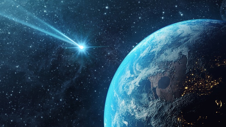 An asteroid is seen flying through space toward Earth