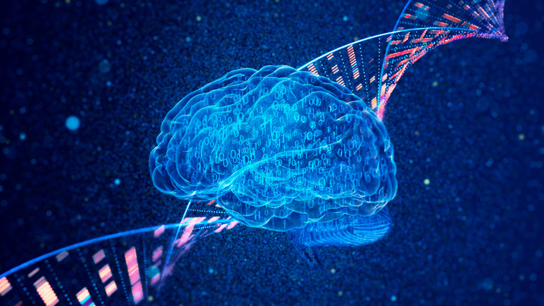 A digitally rendered brain and genomic DNA on a dark blue particle background