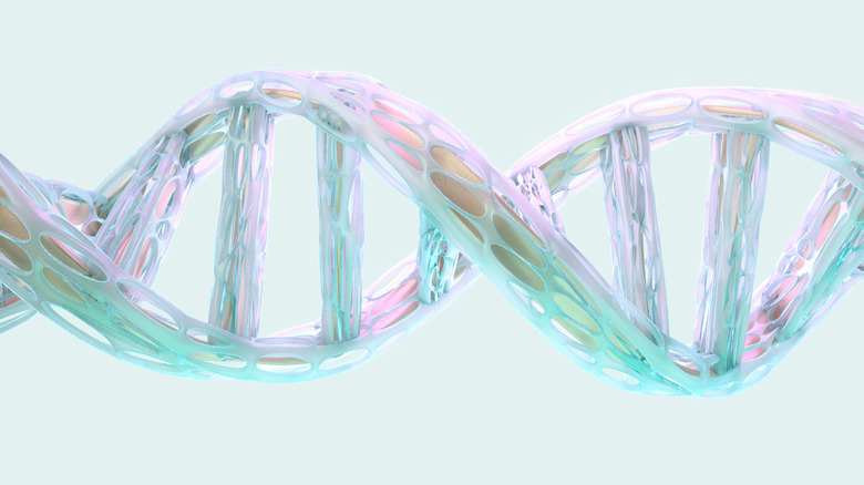 A digitally generated image of futuristic organic shaped DNA structure made out of semi transparent plastic against pastel green background