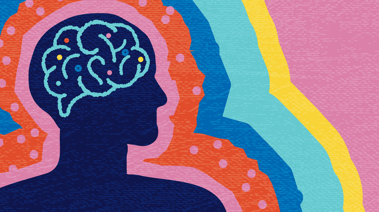 A vector image showing a brain and rainbow colors radiating outside a body.