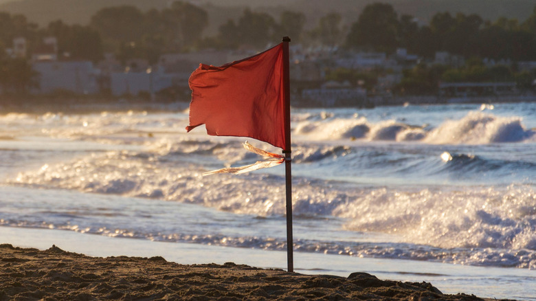 Red flag flying on a beach