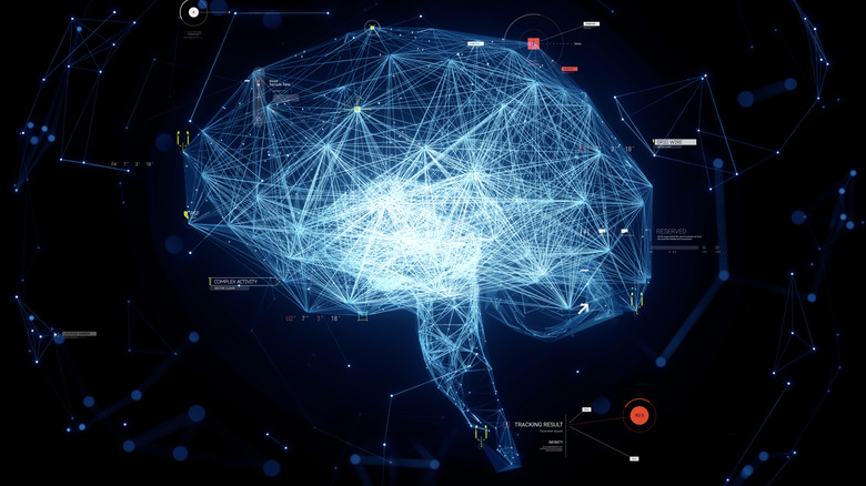 A digitally-generated image of a glowing brain on a black background