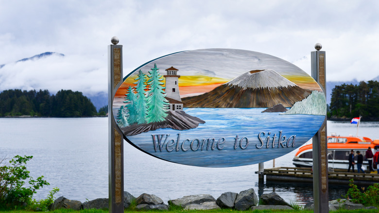 Sitka welcome sign on a cloudy day