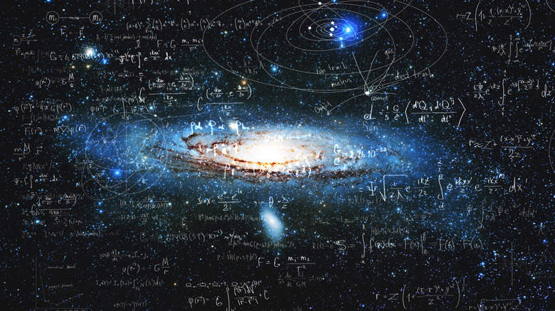 Spiral galaxy with random physics equations overlaid