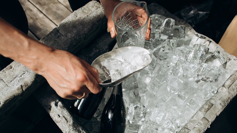 Person scooping ice from bucket into glass