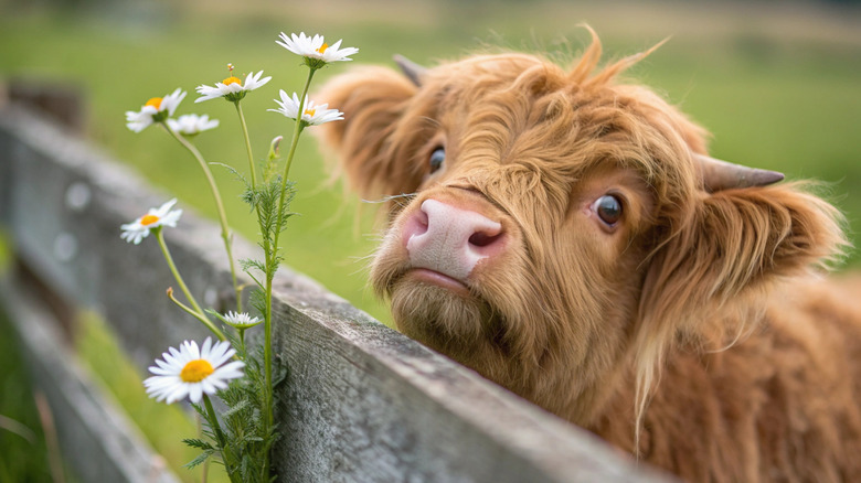young cow peeking over a fence next to a wild flower