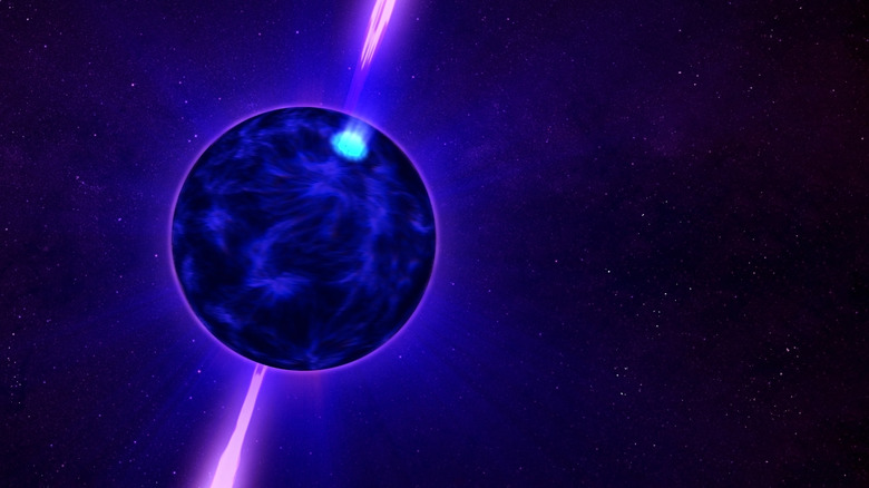 Blueish neutron star with purple jets of energy coming from top and bottom on a black background