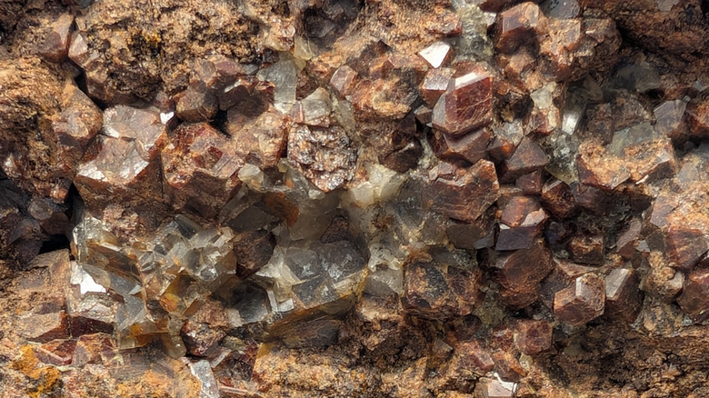 Rough garnet crystals in a rock
