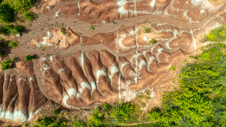 Birds eye view of the Badlands of Ontario, Canada, weathered earth hills