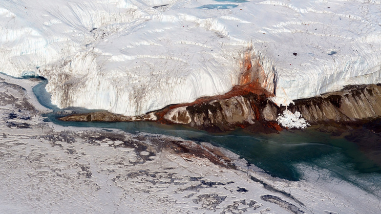 An aerial view of Blood Falls featuring a red stream descending from a glacier.