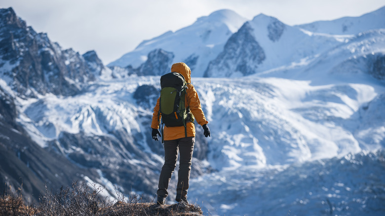 A person wearing a winter gear and a backpack looks over a cliff toward icy mountains.