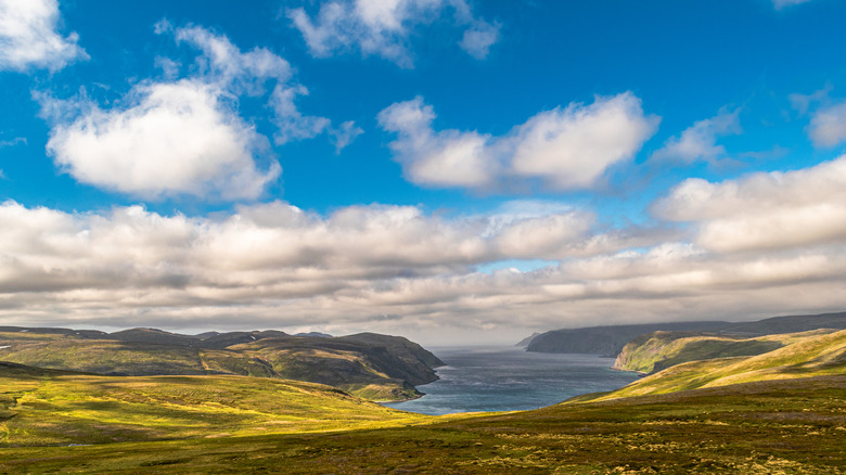 An inlet landscape with many clouds above it.