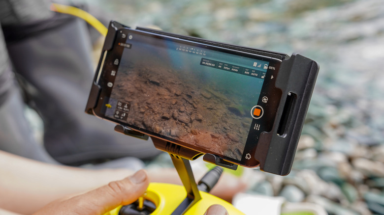 Closeup of display showing video feed from an underwater drone