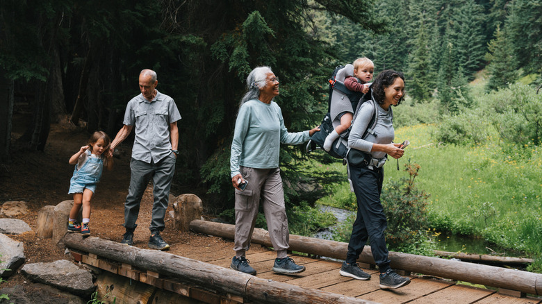 Family of five walking across a forest path bridge over a wooded creek