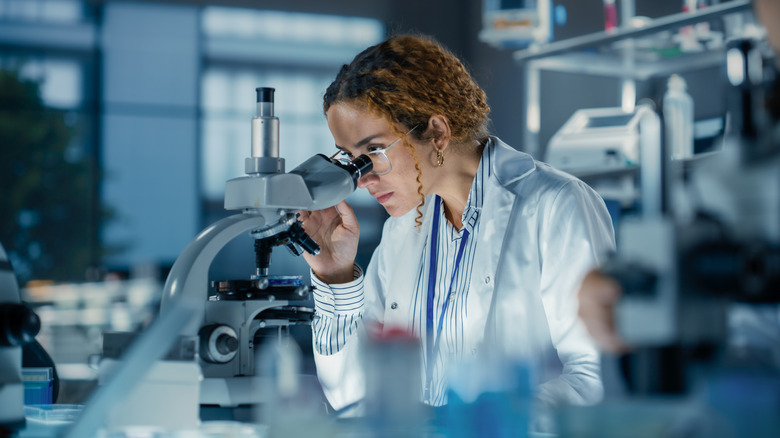A scientist peers into a microscope.