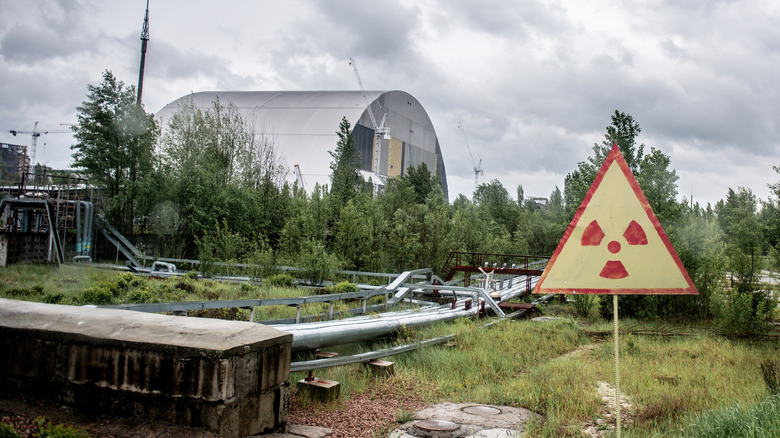 A high-radiation sign in front of the fourth nuclear reactor at Chernobyl.