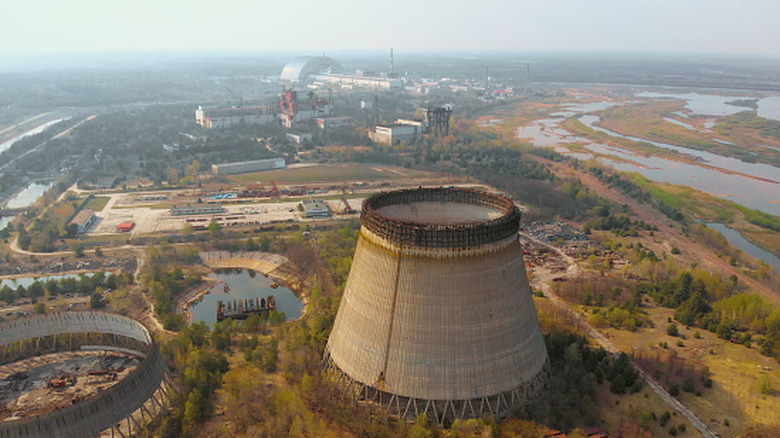 An aerial view of the destroyed nuclear power plant in Chernobyl.