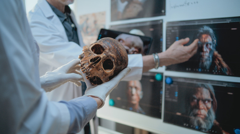 Scientist holding fossilized human skull in front of screens of CGI ancient human faces