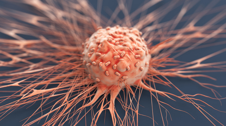 3D rendering of a cancer cell, long tendrils reaching out in every direction
