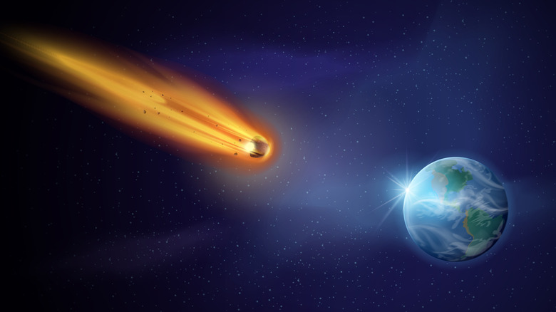 artistic rendering of asteroid heading towards earth with large tail