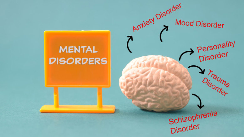 Small orange "Mental Disorders" sign next to a model brain with arrows pointing for different types of mental illness