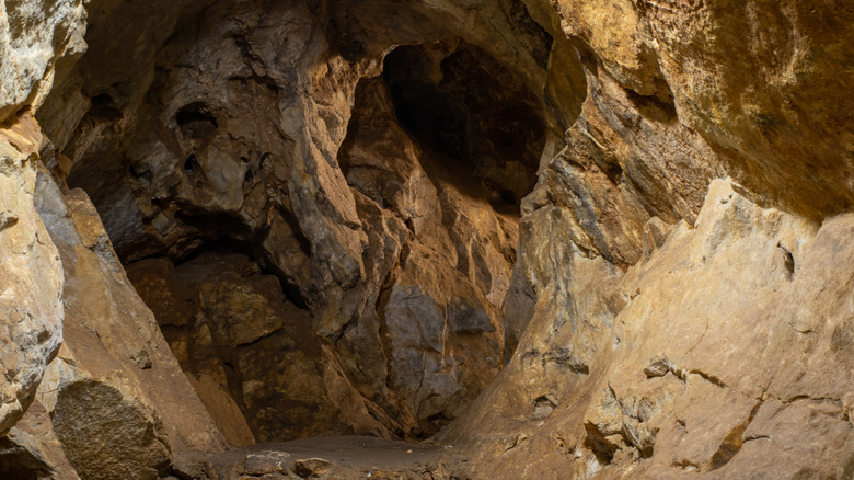 Interior of a limestone cave in Kitakyushu, Fukuoka Prefecture, Japan with no visible stalactites or stalagmites.