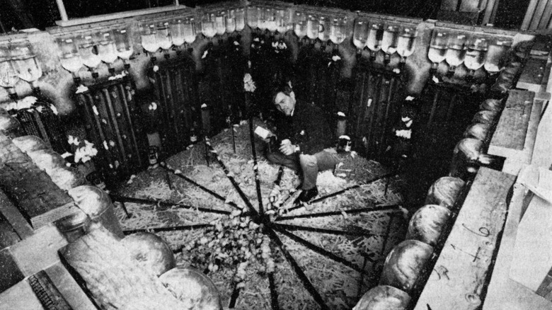 Scientist John Calhoun crouching in his rodent enclosure titled Universe 25.