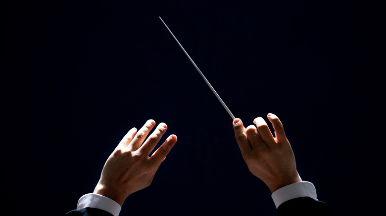 A close-up a conductor's hands holding a baton in the air.