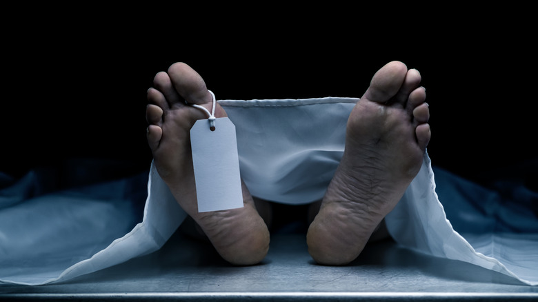 Close up of body in mortuary with toe tag