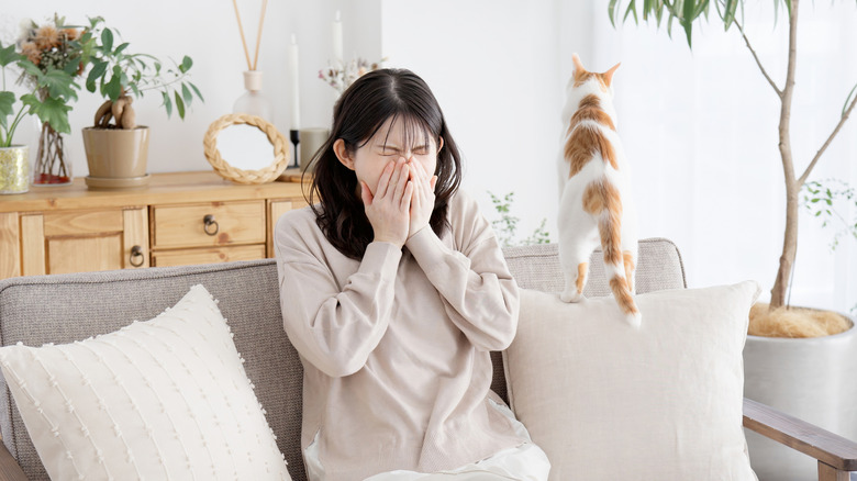 Woman sitting next to a cat, covering nose and mouth while sneezing