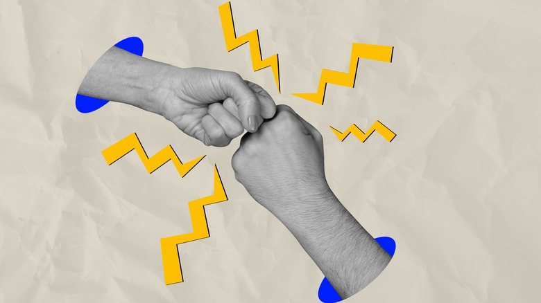 Composite photo collage of people two hands fist bump