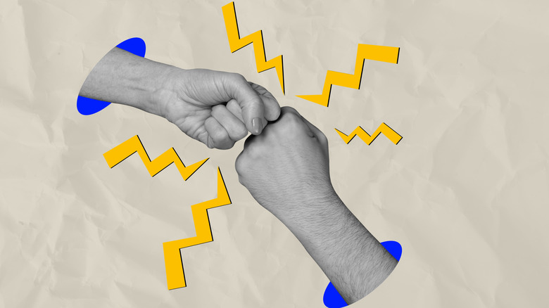 Composite photo collage of people two hands fist bump