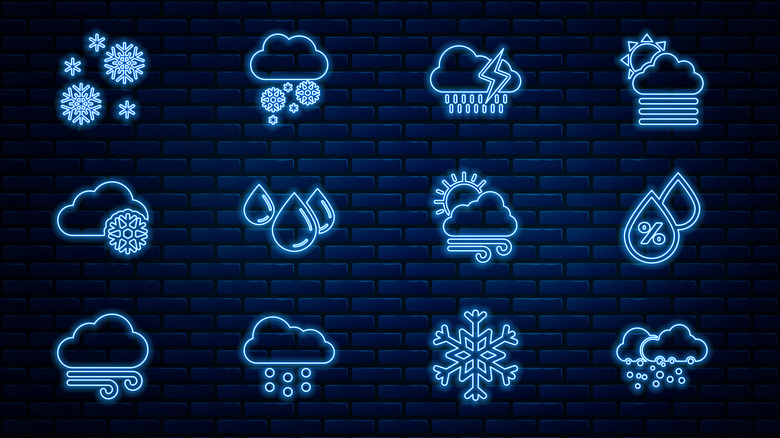 Blue icons arranged in rows display different aspects of the weather