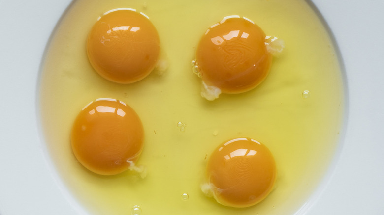 Four egg yolks in a white bowl, some with more prominent chalazae than others