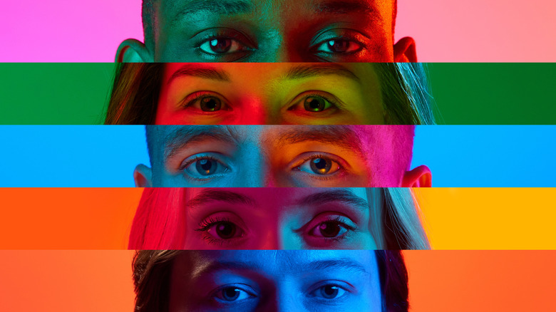 A collage shows different people's eyes against colorful backdrop