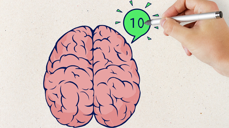 Hand drawing a brain with the number 10 in a green speech bubble to the top right of it