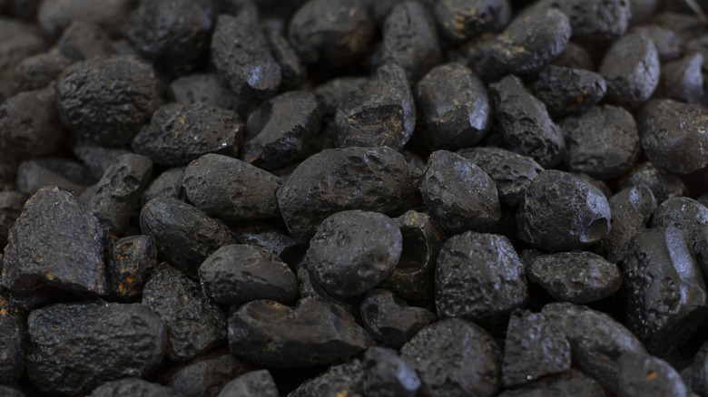 Several dark tektite stones on the ground